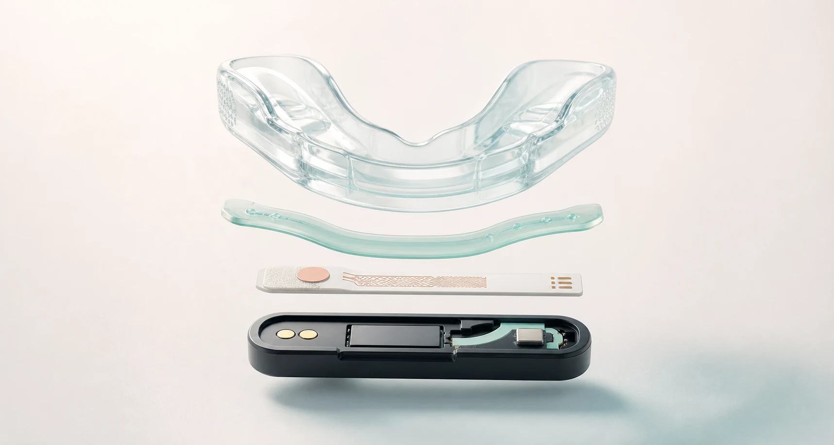 Exploded product render of a clear oral mouthguard wearable with sensing and readout layers